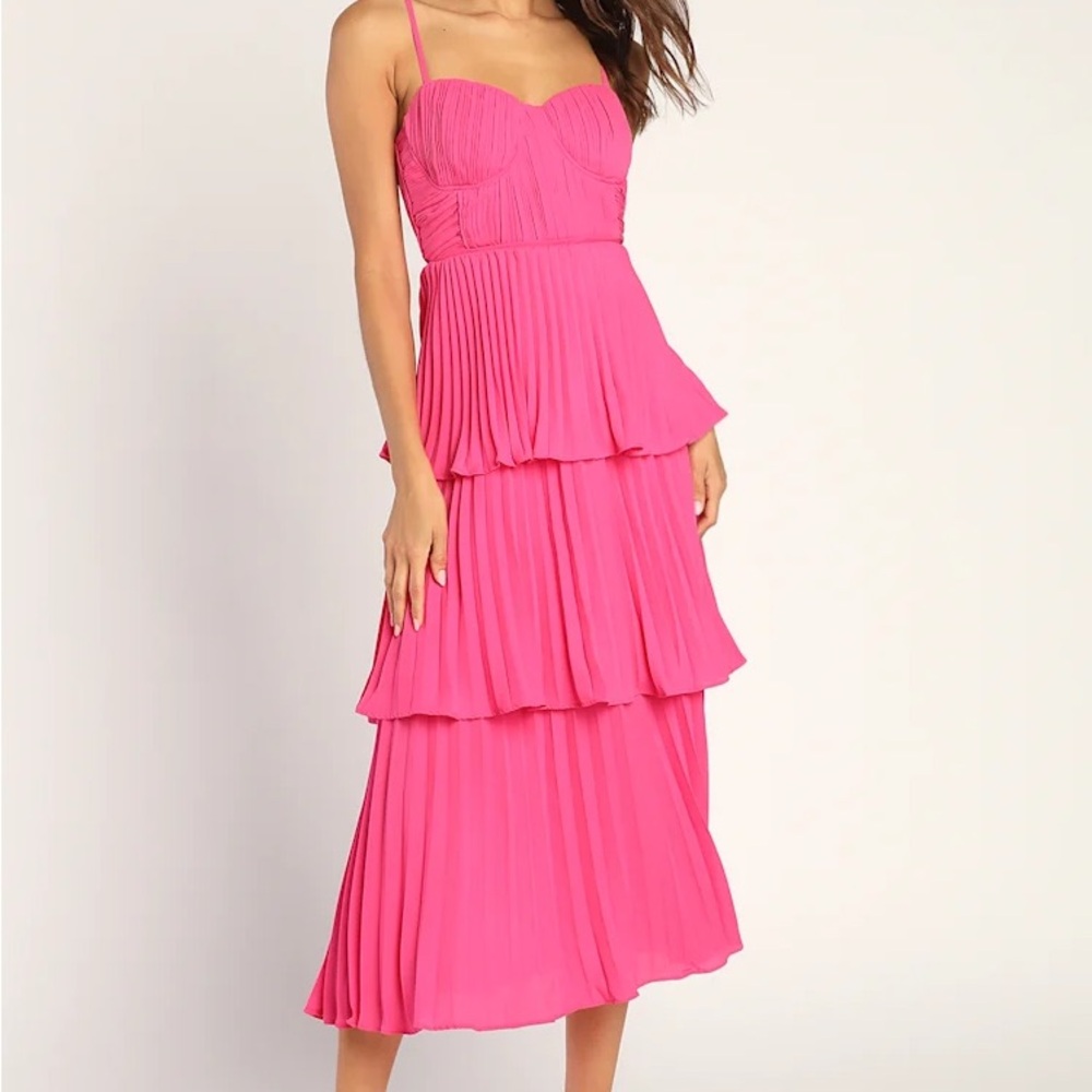 Lulu's Vibrant Pink Tiered Midi Dress